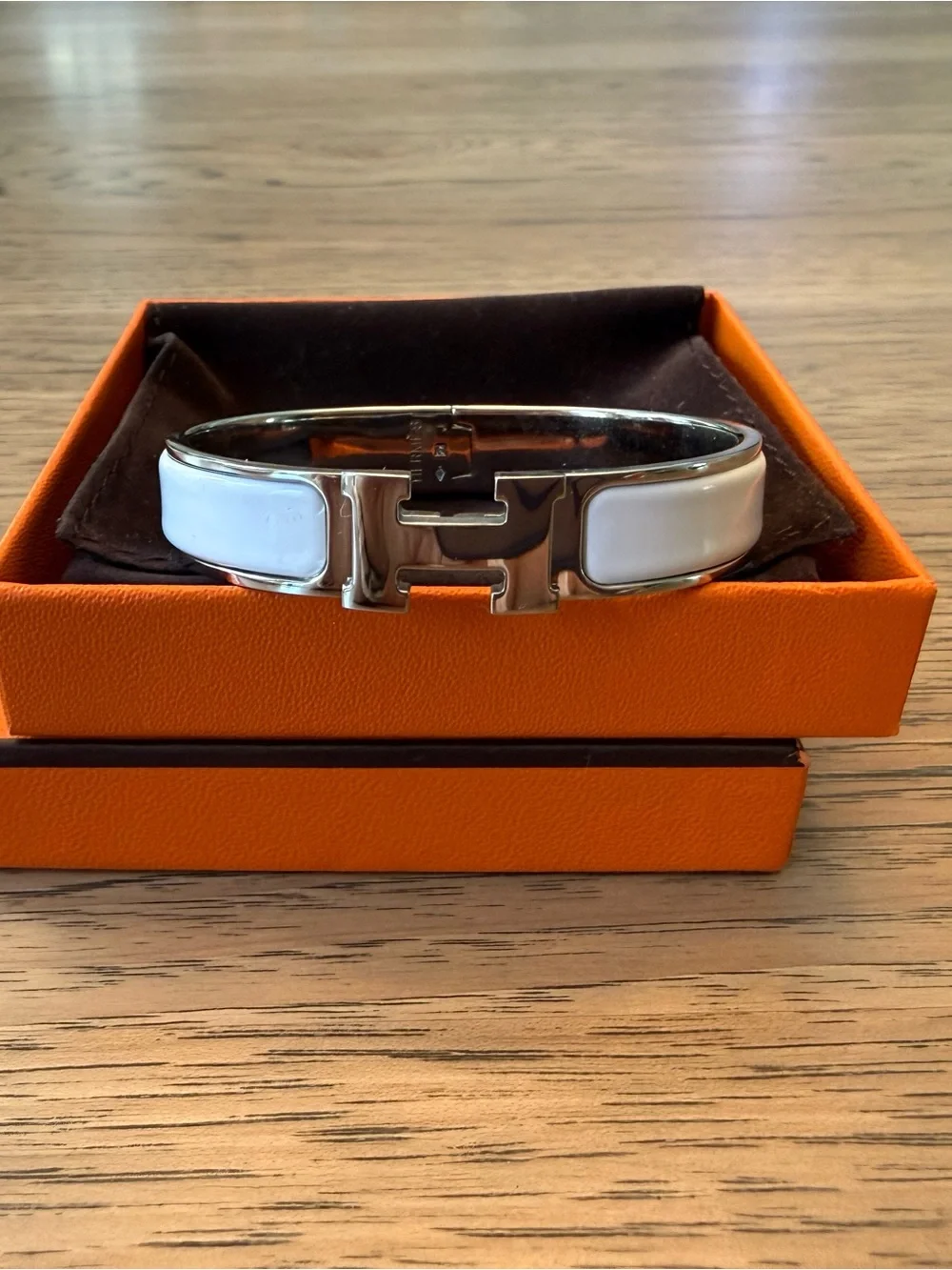 Hermes White Enamel H Clic Bracelet with Silver Hardware PM size (small)
